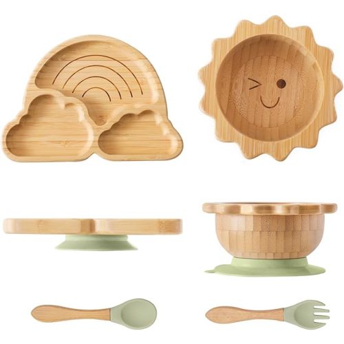Bamboo Suction Plates Bowls Set for Baby Toddler Divided Platter Food bowl with Silicone Fork & Spoon All-Natural Baby Feeding Set for Baby-Led Weaning, Non-Slip Design - Green Feeding Set