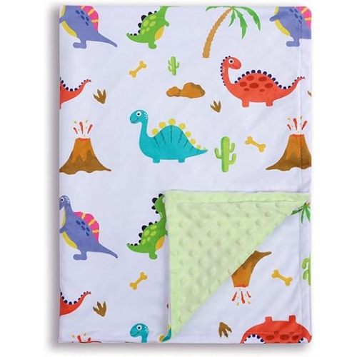 Baby Blanket for Boys Girls Soft Minky with Double Layer Dotted Backing, Dinosaur Printed 30 x 40 Inch Receiving Blanket