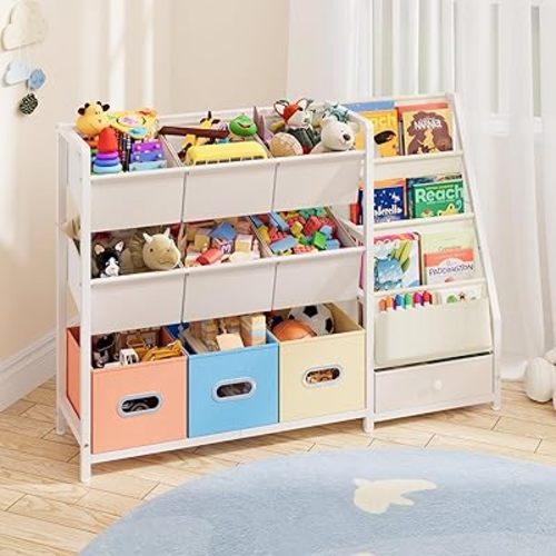 Toy Storage Organizer - Kids Bookshelf and Toy Storage with 3 Book Shelf and 10 Storage Bins, Montessori Playroom Storage for Toddler, Baby, Book Shelf for Kids Rooms
