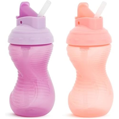 Munchkin Mighty Grip Flip Straw 10oz Sippy Cups - Durable, BPA Free, Straw Cup with Contoured Design & Leak-Proof Soft Silicone Straw - Toddler Straw Cups (Coral/Purple)