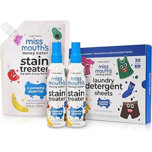 Miss Mouth's Messy Eater Stain Treater Spray - 4oz 2 Pack Stain Remover and 16oz Refill and Laundry Detergent Sheets