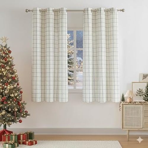 54 Inch Buffalo Plaid Light Filtering Curtain Panels,Woven Dsuty Blue Stripes on Beige Linen Blended Fabric,Farmhouse Window Treatment for Bedroom,Grommet Top,40" Wx54 Lx2