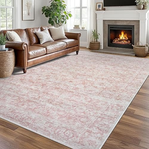 8x10 Area Rug, Vintage Floral Rug Pink Large Washable Rug for Living Room Non-Slip Ultra Soft Bedroom Rugs Tribal Traditional Farmhouse Carpet for Dining Room Office Home Décor