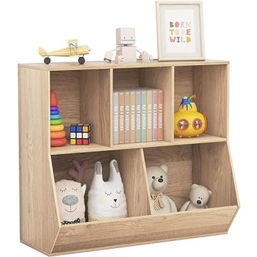 Kids Toy Storage with Bookshelf, 5 Cubby Open Wooden Toy Organizer, Toddler Toy Shelf, Children Toy Storage Organizer for Playroom Bedroom Nursery
