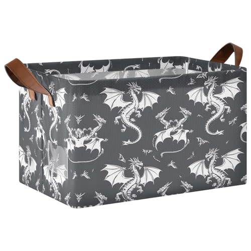 YETTASBIN Dragon Storage Basket 1 Pack, 32L Large Collapsible Toys Clothes Organizer, Waterproof Closet Storage Bin with Handle for Shelves Laundry Bathroom Home Office Decor