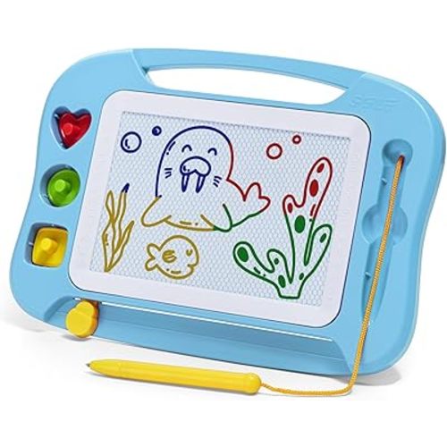 SGILE Magnetic Drawing Board for Kids, Colorful Erasable Doodle Board with Magnet Pen, Painting Sketch Pad with Three Stamps, Travel Toy, Birthday Gift, Educational Learning Toy for Toddlers, Light-Bl