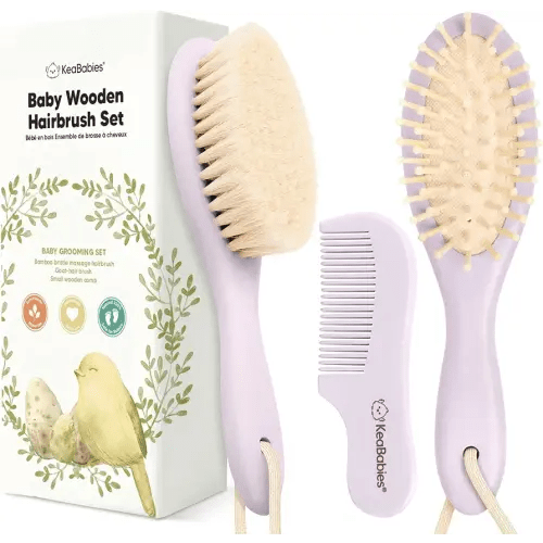 Baby Hair Brush Set for Newborns - Soft Goat Bristle Wooden Baby Brush and Comb Set Newborn Grooming Kit for Cradle Cap, Durable & Gentle, Boy, Girl Infant Essentials Care Kit (Oval, Thistle)
