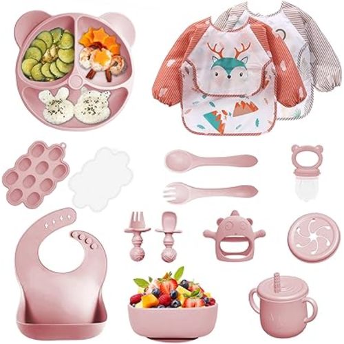 Silicone Baby Feeding Set, 14 Pcs Baby Led Weaning Supplies, Baby Spoons & Forks Suction Bowl Divided Plate Bib Cup, First Stage Solid Food Eating Utensils - 6+ Months (Light pink)