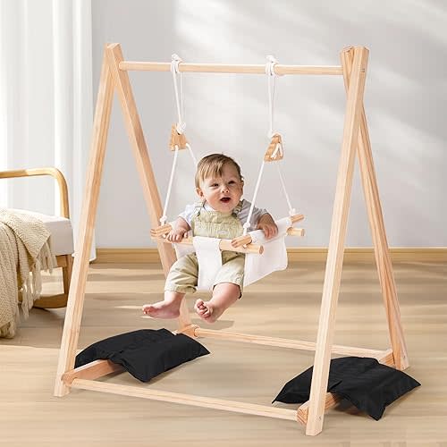 Wooden Swing Set for Toddler 6-36 Month, Foldable Baby Swing with Stand & 2 Sandbags, Kid Swing for Indoor Outdoor Backyard, Pine Wood