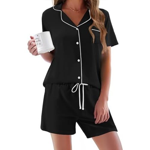 Ekouaer Pajamas Set for Women Short Sleeve Sleepwear Button Down Pjs Soft 2 Piece Lounge Sets