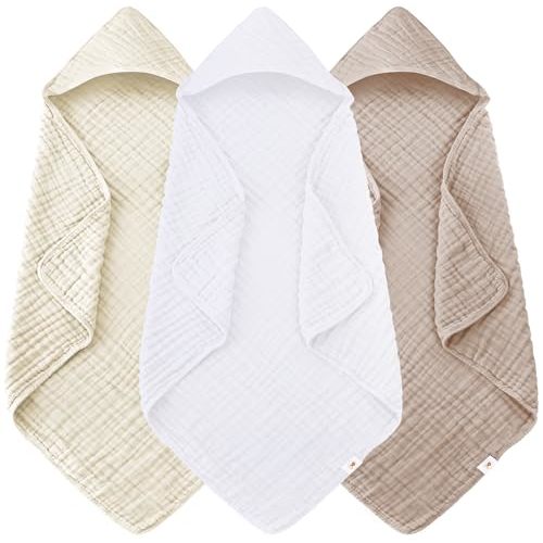 Sunny zzzZZ Muslin Hooded Baby Bath Towels - 3 Pack 100% Cotton Soft Low-Saturation Pastel Towels Including Classic White for Newborns, Infants, Toddlers - 32x32 Inch - Ivory, Brown and White