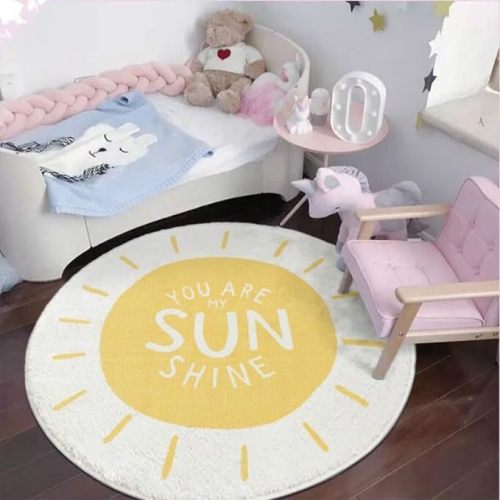 Poowe Sunshine Soft Plush Round Rug for Kids Room - 4 ft Non Slip Nursery Bedroom Playroom ABC Circle Rug - Washable, Perfect for Kids & Toddlers