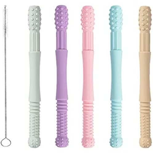 Hollow Teether Tubes, Honboom 5 Packs Soft Silicone Teething Tubes, Baby Soothing Teether Toy, Chew Straw Toy for Babies 0-12 Months with a Cleaning Brush, Dishwasher Safe (6.6in)