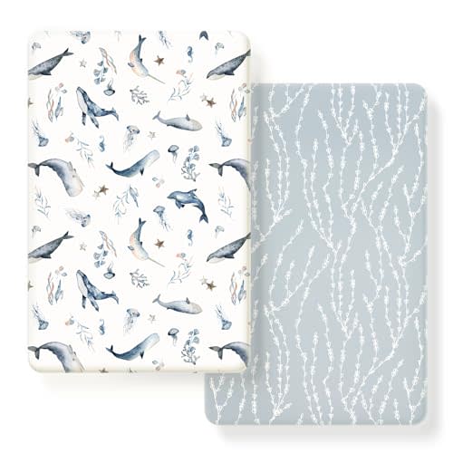 GRSSDER Stretchy Ultra Soft Jersey Knit Fitted Pack n Play Sheets Set 2 Pack, Portable/Mini Crib Mattresses for Boys and Girls, Universal Fit for Pack N Plays Pads Safe and Snug