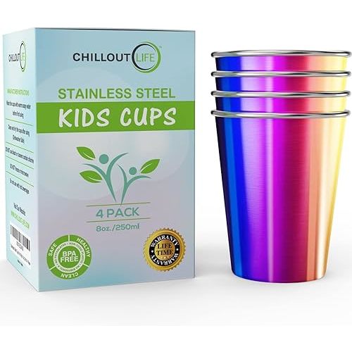 Stainless Steel Kids Cups 8 oz - Stainless Steel Small Children Cups for Home & Outdoor Activities, BPA Free Unbreakable Premium Stackable Metal Drinking Glasses (4-Pack) - Rainbow Colorful Finish