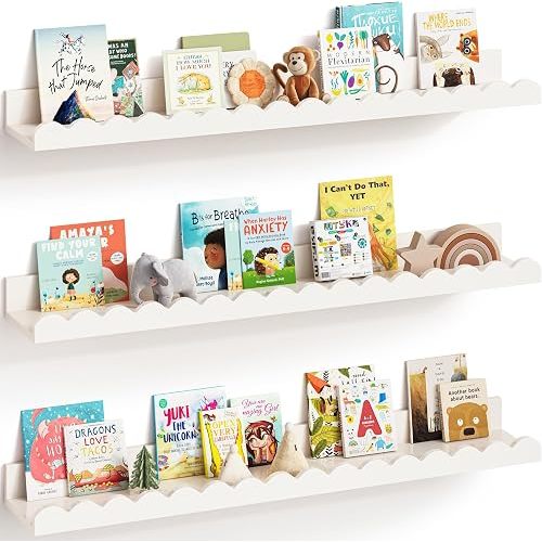 G&W Gruwald Nursery Book Shelves, Set of 3, Nursery Decor for Baby and Toddler, Scalloped Shelves, Book Shelf for Kids Rooms, Wall Book Shelf for Bedroom Kids (White, 36 Inches)