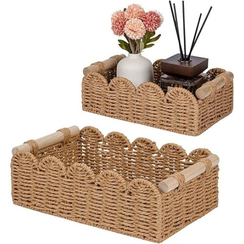 CubesLand Paper Rope Scalloped Edge Decor Baskets for Home, Living Room, Bedroom, Toilet Basket for Over Toilet Storage Shelf, End Table, Shelves and More, Both Storage&Decor, Set 2 Neutral