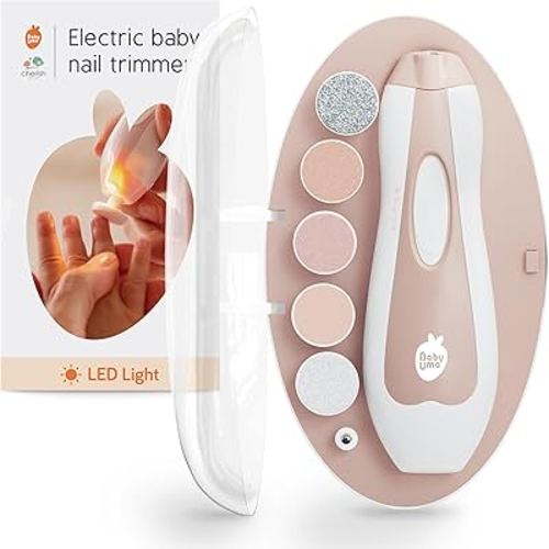 Baby Uma LED Baby Nail Trimmer Electric - Auto-Safety Stop Baby Nail Clippers, Bi-Directional Electric Baby Nail File with 2 Speeds & 6 Filing Discs, Newborn Essentials (+ Travel Case)