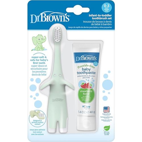 Dr. Brown's Infant-to-Toddler Training Toothbrush Set, Mint Elephant with Fluoride-Free Strawberry Baby Toothpaste, 0-3 Years (Styles May Vary)