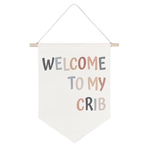 QODUNG Funny Nursery Wall Decor,Welcome to My Crib Canvas Banner,Canvas Hanging Pennant Flag Banner for Toddler Baby Room Decoration