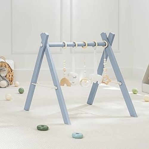 Comfy Cubs Baby Play Gym - Natural Finish Pinewood Baby Activity Center with 5 Sensory Hanging Toys - Easy No-Tool Assembly Baby Gym, Safe for Infant Motor and Visual Development - Pacific Blue