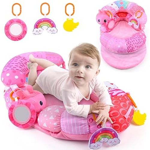 2-in-1 Tummy Time Mat & Seated Support Pillow Baby Toys 6-12 Months, Baby Tummy Time Toys Sit Me Up Floor Seat for Newborns and Older Babies, with Detachable Support Pillow and Toys(Pink)
