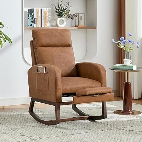 Rocking Chair Nursery with Foot Rest, Modern PU Upholstered Reading Glider Rocker Accent Armchair with High Backrest, Padded Seat, Side Pocket, for LivingRoom, Bedroom, Baby Room, Brown