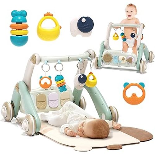 2 in 1 Baby Gym with Walker,Baby Play Mat with 4 Infant Learning Sensory,Double-Sided Multifunctional Removable Play Piano Panel,Sit-to-Stand Learning Walker for 0-24 Months Boy Girl [White]