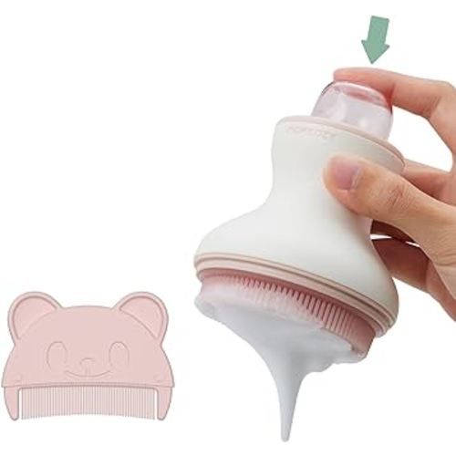 Momcozy﻿ Innovative Cradle Cap Brush with Pump, 2-in-1 Baby Cradle Cap Brush with Bubbler, Newborn Cradle Cap System, Shampoo Brush Baby Bath Essential Foamer Brush, Baby Hair Brush, Pink
