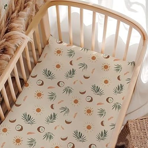 Summer Palm Trees Crib Sheets, Coconuts Sun Pattern Baby Fitted Crib Sheet for Standard Crib and Toddler Mattress, Unisex Summer Baby Bedding Mattress Sheet for Baby Boys Girls-28 * 52