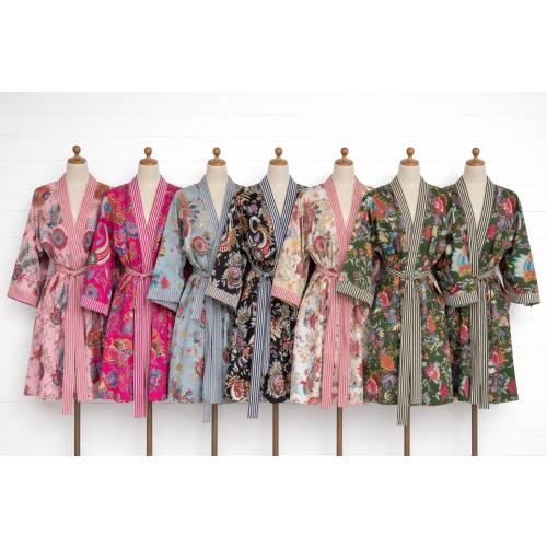 Hand Block Print Cotton Kimono Robe , Japanese Style Dressing Gown