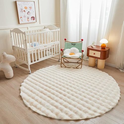 White Round Rabbit Plush Rug for Bedroom Living Room Sofa,6'X6' Faux Fur Fluffy Shaggy Circle for Kids Teen Girls,Furry Carpet Circular for Nursery Baby
