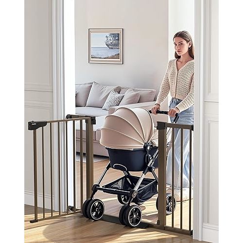 Cumbor 29.7-46" Baby Gate for Stairs, Mom's Choice Awards Winner-Auto Close Dog Gate for the House, Easy Install Pressure Mounted Pet Gates for Doorways, Easy Walk Thru Wide Safety Gate for Dog, Brown