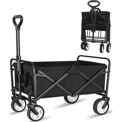 Collapsible Foldable Wagon, Beach Cart Large Capacity, Heavy Duty Folding Wagon Portable, Collapsible Wagon for Sports, Shopping, Camping (Black)