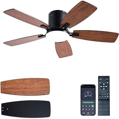 Ceiling Fans with Lights, 42 inch Low Profile Ceiling Fan with Light and Remote Control, Flush Mount, LED Dimmable DC Reversible Modern Ceiling Fan for Bedroom