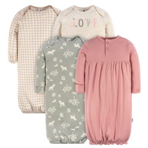 Gerber Baby Girls' Gowns with Mitten Cuffs, 4-Pack, Woodland Love, 0-3 months