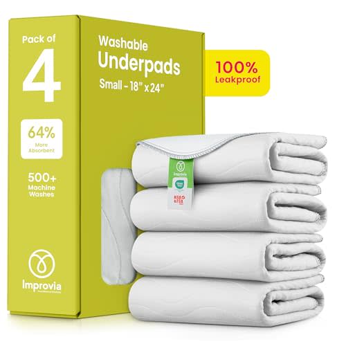 IMPROVIA® Washable Underpads, Heavy Absorbency Reusable Incontinence Pads for Kids, Adults, Elderly, and Pets - Waterproof Protection Floor (White & White, 4 Pack - 18"x24")