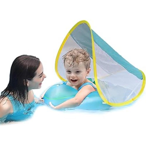Free Swimming Baby Inflatable Baby Float with Sun Canopy Size Improved Infant Pool Floaties Swimming Pool Toys for The Age of 3-36 Months (Blue, X-Large)
