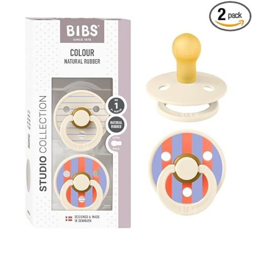 BIBS Pacifiers - Studio 2 Pack | Round Nipple Baby Pacifier | BPA Free Natural Rubber Latex Soother| Size 0+ Months | Pin Ivory Hush