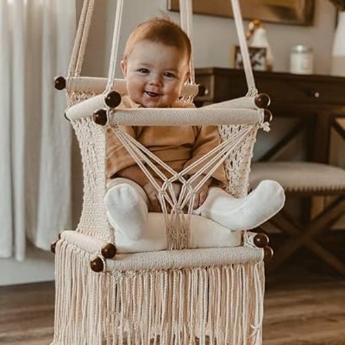 Boho Macrame Baby Swing Chair- 100% Natural Cotton Rope Hammock for Baby Macrame Swing Chair