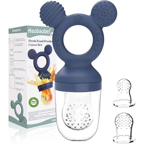 Baby Fruit Feeder, Frozen Teething Toys, Infants Teether Pacifier with 3 Extra Teats, Toddler Eating Essentials, BPA Free Feeding Supplies (Steel Blue)