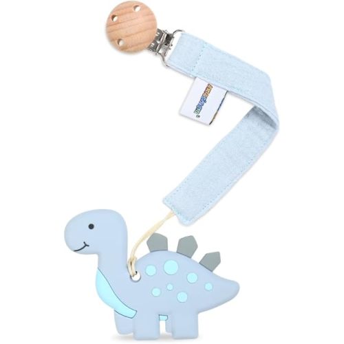 Baby Food Grade Silicone Teether Toy with Pacifier Clip Holder,Teething Pain Relief Toys Gift Set for 3 Months+ Boys and Girls,Freezer Safe,BPA Free (Grey Dinosaur)