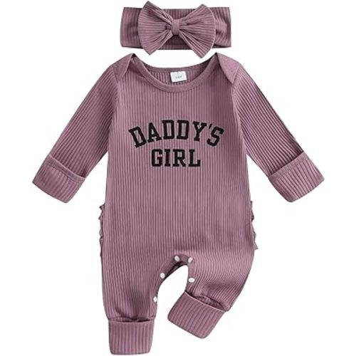 FIOMVA Im New Here Newborn Outfit Girl Long Sleeve Letter Romper Ribbed Knit Jumpsuit Baby Girl Preemie Coming Home Outfit
