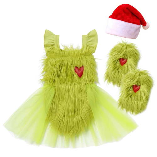 IBTOM CASTLE Newborn Infant Baby Girls Elk Christmas Grinch Clothes with Reindeer Hairband Fancy Dress up Gown Party Princess Outfits 0-6 Months Green - Heart & Hat