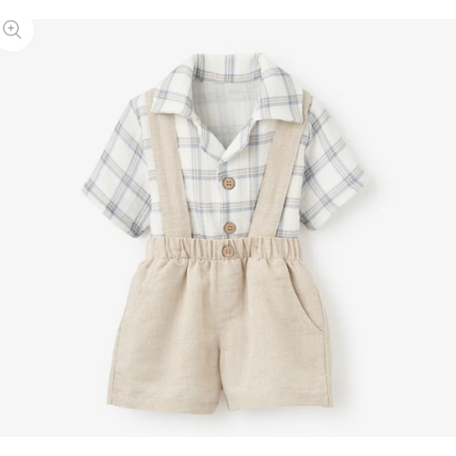 Plaid Organic Muslin Top & Linen Suspender Shorts