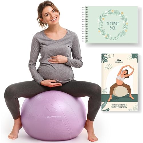 Trideer Pregnancy Birthing Ball - 1.7mm Extra Thick Yoga Ball for Maternity, Labor, Exercise, Physio, Recovery - Guide & Baby Memory Book Included - 440LB Anti-Burst & Non-Slip Stability