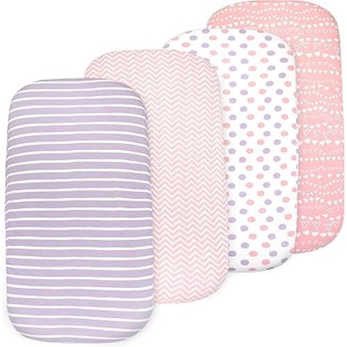 Bassinet Sheets Girl– 4-Pack Soft Fitted Bassinet Sheets, Organic Cotton, Breathable & Cozy, Fits 32x16x4 Inch Rectangle, Oval & Hourglass Mattresses (Lavender-Pink)