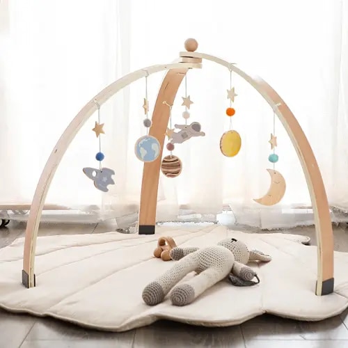 Ikubigu Wooden Baby Gym Foldable Baby Play Gym Frame Activity Center Hanging Bar with 6 Toys for Sensory Exploration and Motor Skill Development,Newborn Gift for Girls Boys(Without Play Mat)