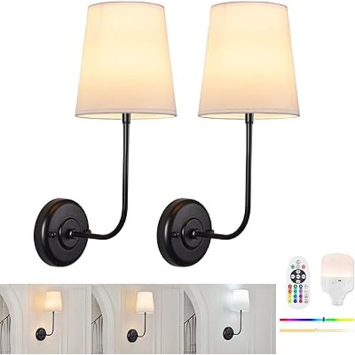 TERLEENART Set of 2 Battery Operated Wall Sconce with Remote Control and White Fabric Shade,15 Colors Dimmable 5200mAh Rechargeable Cordless Wall Lamp for Living Room Bedroom Hallway,2 Bulbs Included