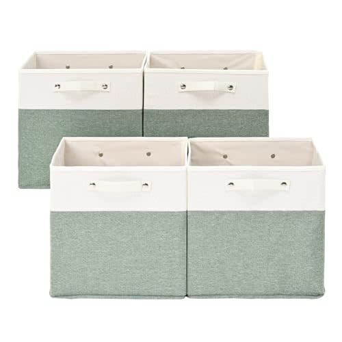13 x 13 Inch Fine Linen Storage Bins with Handles (White/Green-4 Pack )